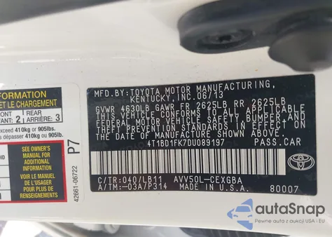 2013 Toyota Camry Hybrid/Le/Xle from USA, damaged, VIN 4T1BD1FK7DU089197